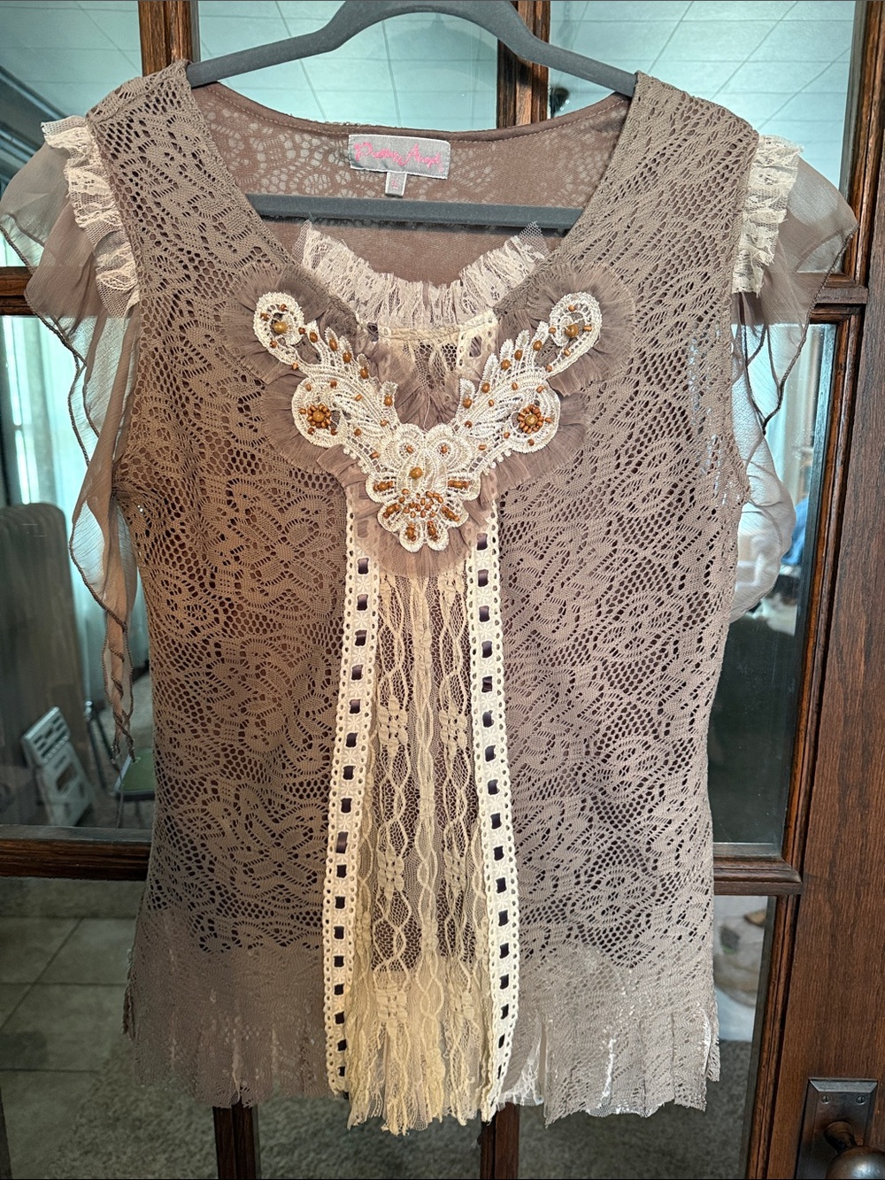 Pretty Angel Taupe Lace Beaded Boho Flutter Sleeve Top Large Womens Romantic